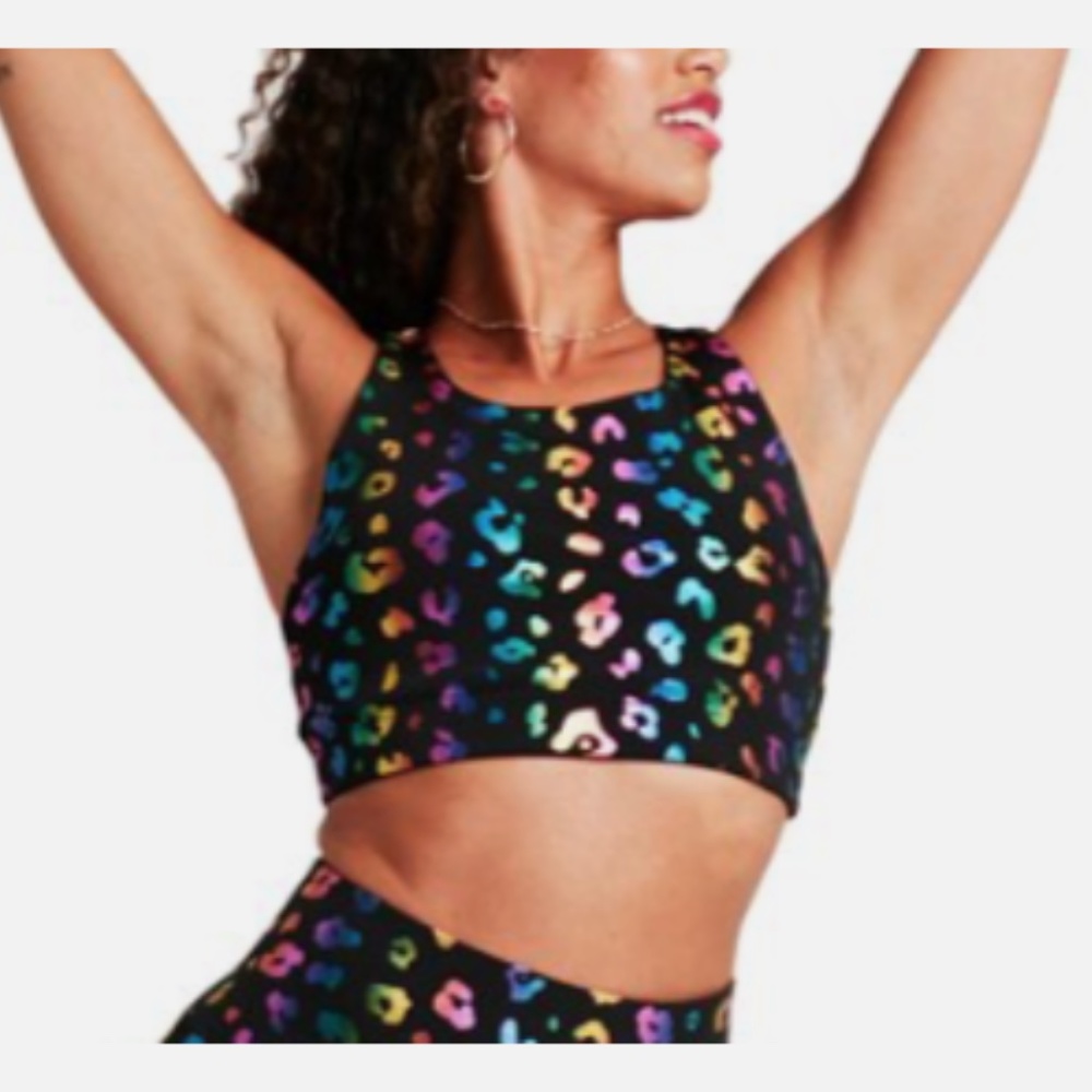 TEREZ Women's Metallic-Print Medium-Impact Sports Bra 8731 Blk/Multi NWT $70